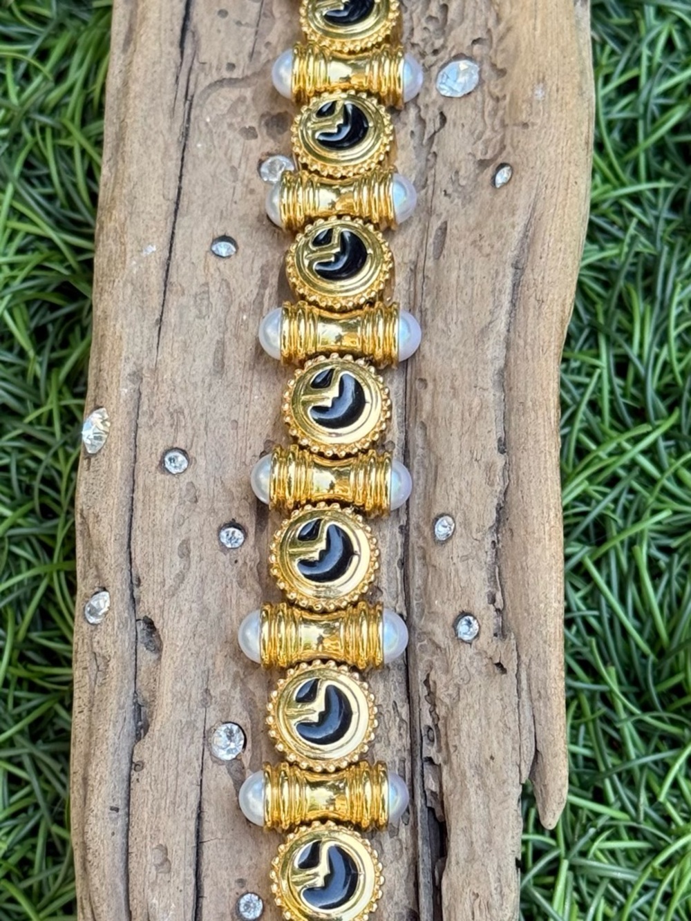Vintage St. John Gold-Tone, Black Enamel & Pearl Bracelet - Picture 3 of 4